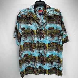 Vtg L Bear Fishing Stream Hawaiian Shirt Short Sleeve Button Up